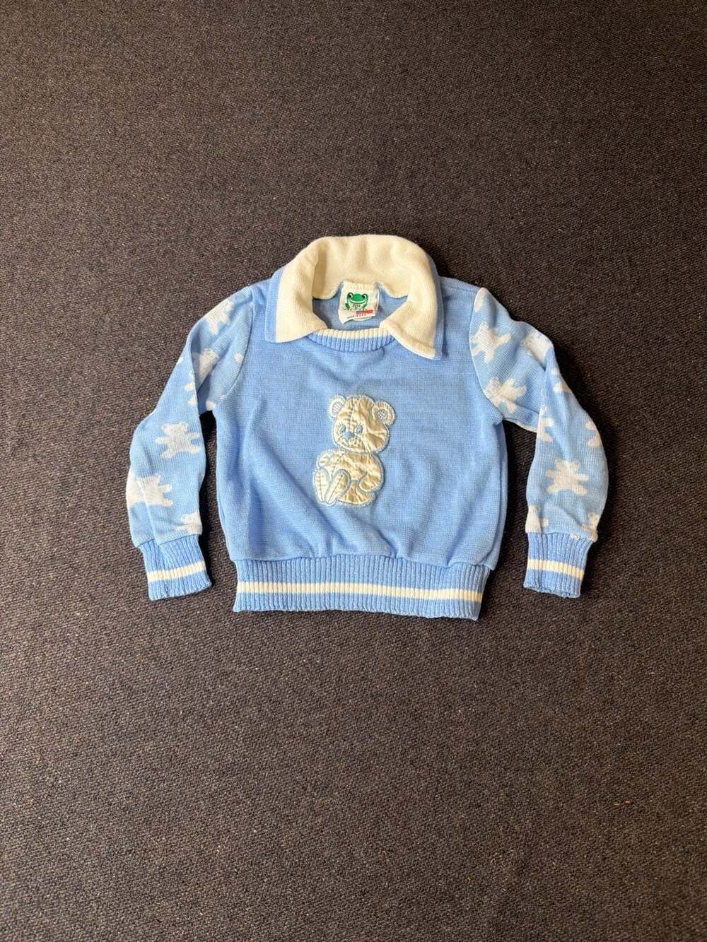 Vintage Bull Frog Knits Blue Teddy Bear Pullover Sweater Size 18 Months Made in
